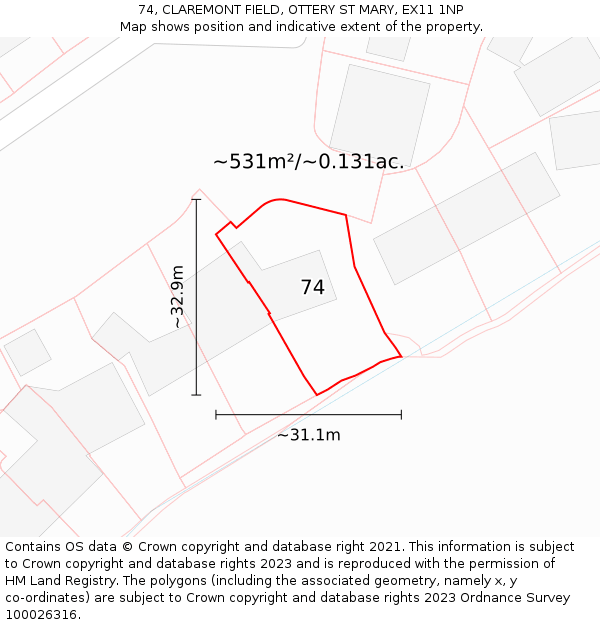 74, CLAREMONT FIELD, OTTERY ST MARY, EX11 1NP: Plot and title map