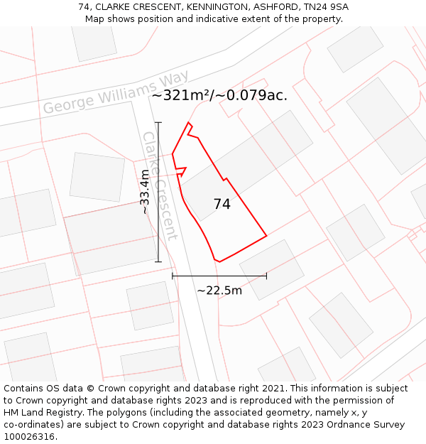 74, CLARKE CRESCENT, KENNINGTON, ASHFORD, TN24 9SA: Plot and title map
