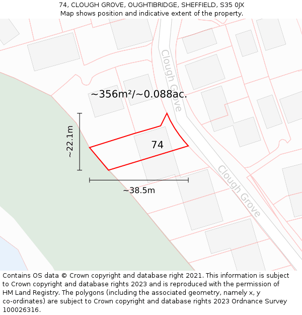 74, CLOUGH GROVE, OUGHTIBRIDGE, SHEFFIELD, S35 0JX: Plot and title map