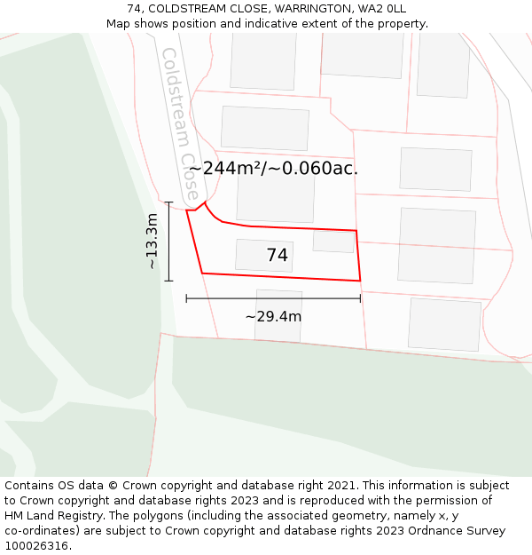 74, COLDSTREAM CLOSE, WARRINGTON, WA2 0LL: Plot and title map