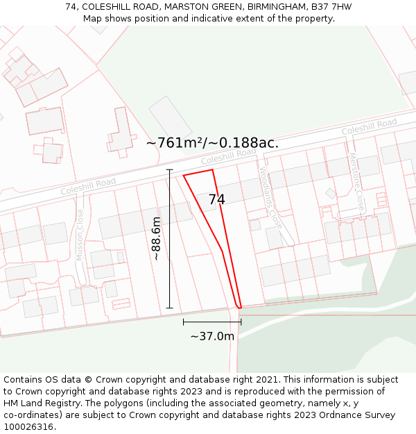 74, COLESHILL ROAD, MARSTON GREEN, BIRMINGHAM, B37 7HW: Plot and title map