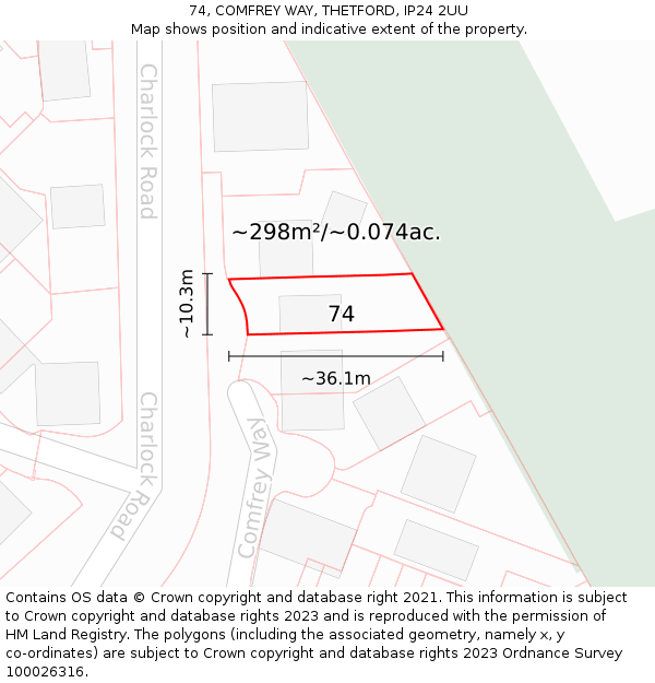 74, COMFREY WAY, THETFORD, IP24 2UU: Plot and title map