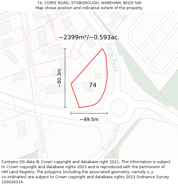 74, CORFE ROAD, STOBOROUGH, WAREHAM, BH20 5AY: Plot and title map