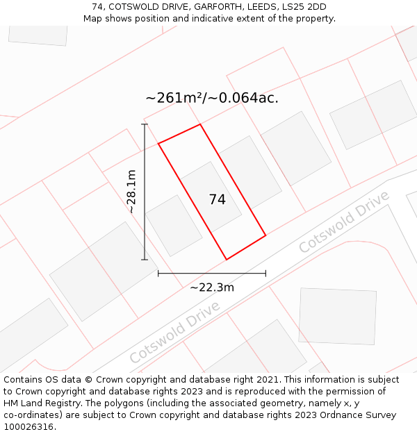 74, COTSWOLD DRIVE, GARFORTH, LEEDS, LS25 2DD: Plot and title map