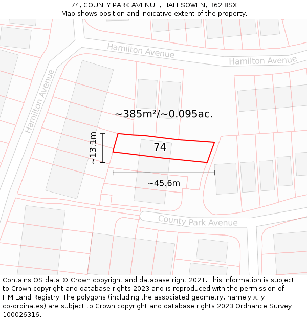 74, COUNTY PARK AVENUE, HALESOWEN, B62 8SX: Plot and title map