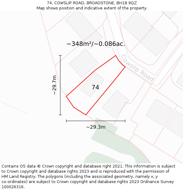 74, COWSLIP ROAD, BROADSTONE, BH18 9QZ: Plot and title map
