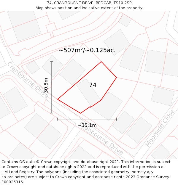 74, CRANBOURNE DRIVE, REDCAR, TS10 2SP: Plot and title map