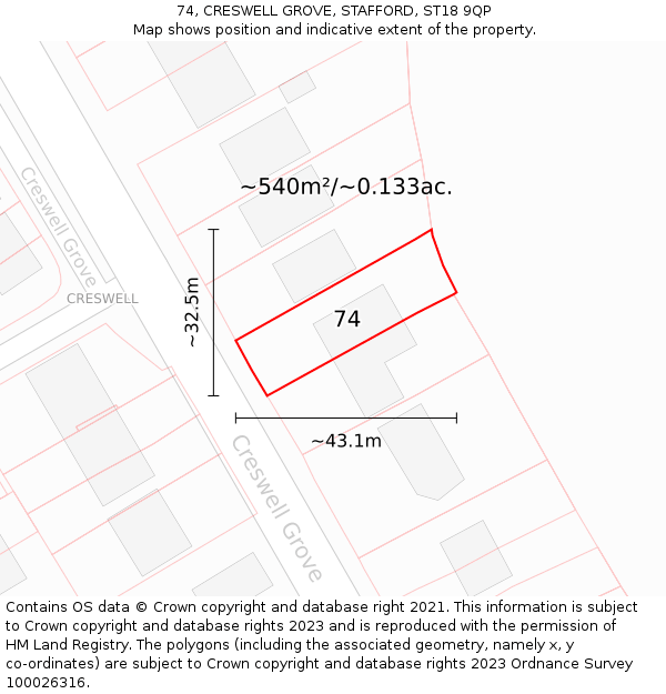 74, CRESWELL GROVE, STAFFORD, ST18 9QP: Plot and title map