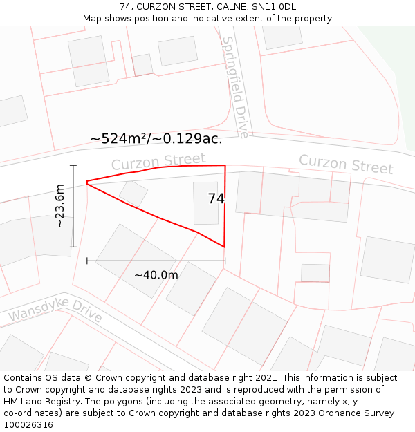 74, CURZON STREET, CALNE, SN11 0DL: Plot and title map