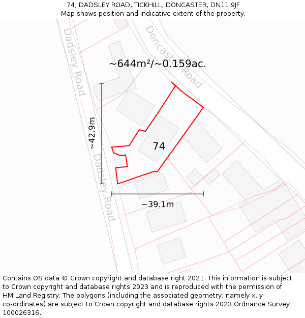 74, DADSLEY ROAD, TICKHILL, DONCASTER, DN11 9JF: Plot and title map
