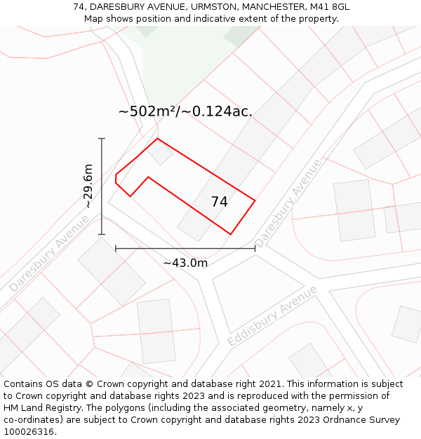 74, DARESBURY AVENUE, URMSTON, MANCHESTER, M41 8GL: Plot and title map