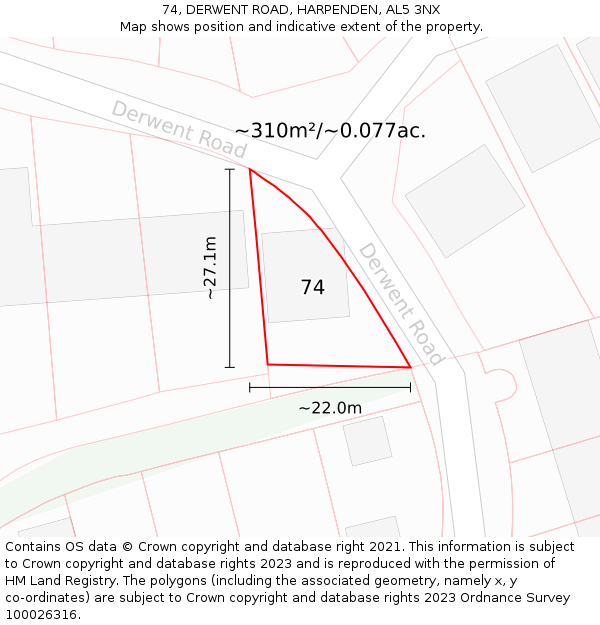 74, DERWENT ROAD, HARPENDEN, AL5 3NX: Plot and title map