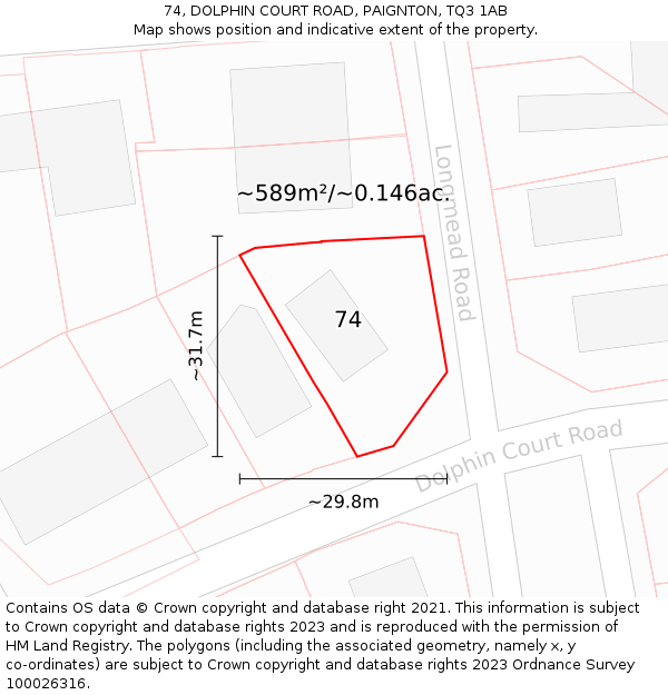 74, DOLPHIN COURT ROAD, PAIGNTON, TQ3 1AB: Plot and title map