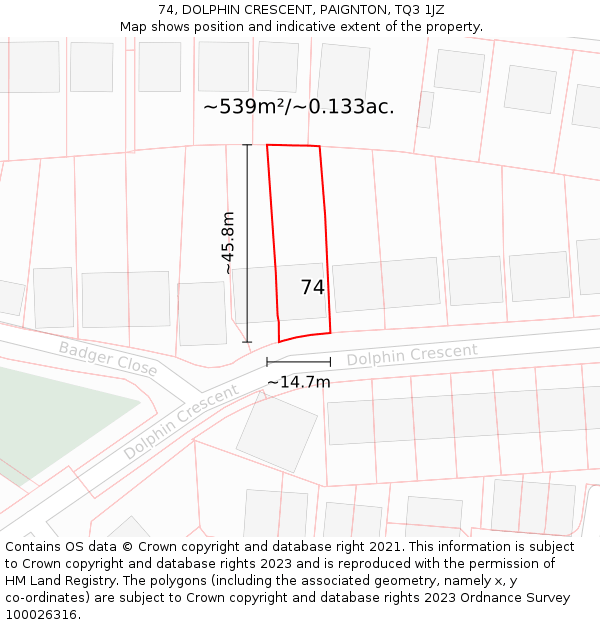 74, DOLPHIN CRESCENT, PAIGNTON, TQ3 1JZ: Plot and title map