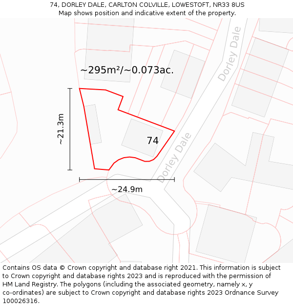 74, DORLEY DALE, CARLTON COLVILLE, LOWESTOFT, NR33 8US: Plot and title map