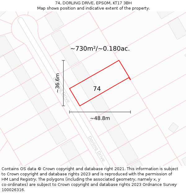 74, DORLING DRIVE, EPSOM, KT17 3BH: Plot and title map