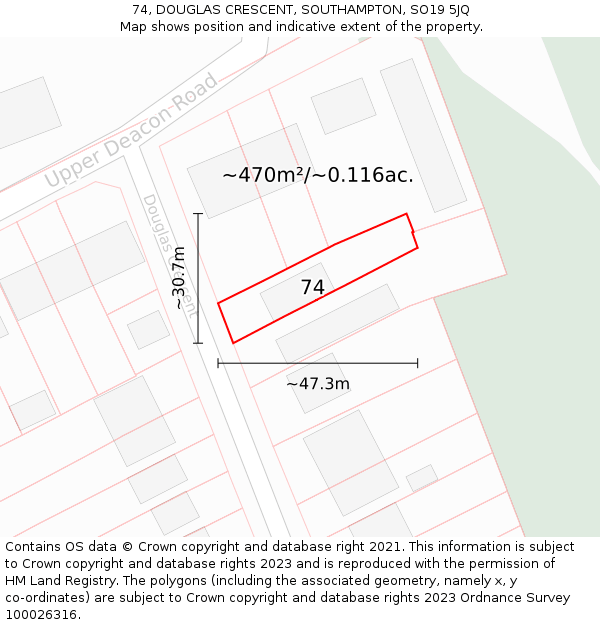 74, DOUGLAS CRESCENT, SOUTHAMPTON, SO19 5JQ: Plot and title map