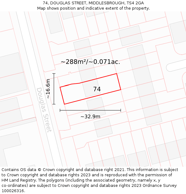 74, DOUGLAS STREET, MIDDLESBROUGH, TS4 2GA: Plot and title map