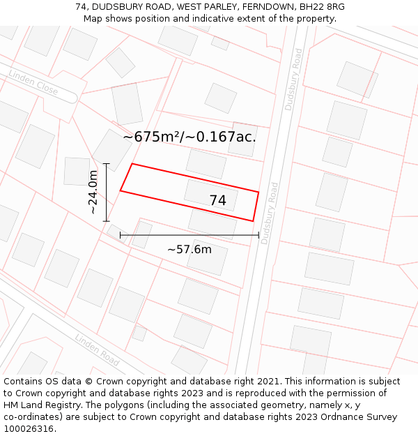 74, DUDSBURY ROAD, WEST PARLEY, FERNDOWN, BH22 8RG: Plot and title map