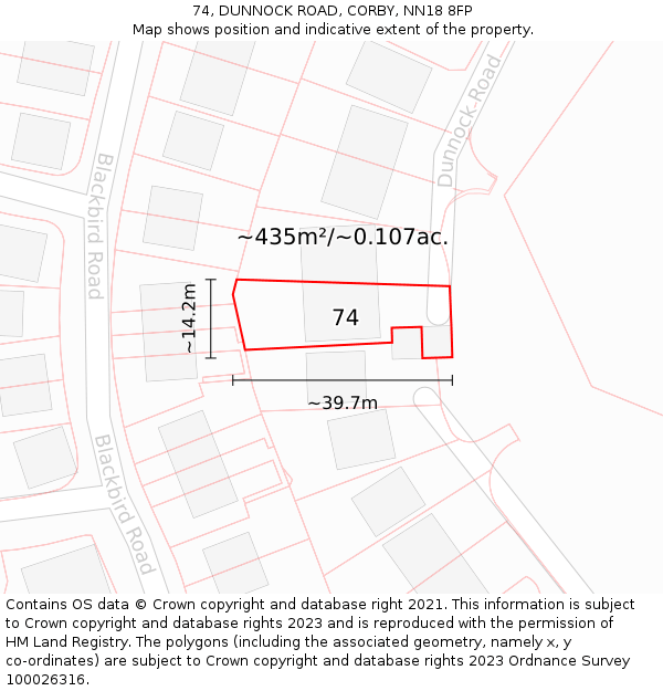74, DUNNOCK ROAD, CORBY, NN18 8FP: Plot and title map