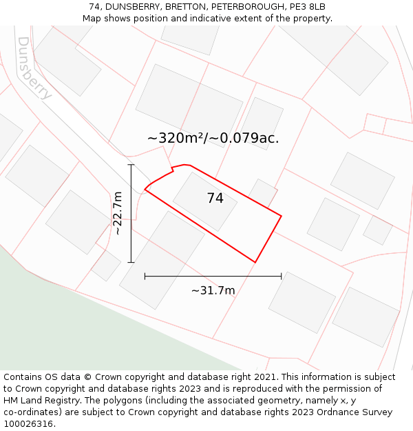 74, DUNSBERRY, BRETTON, PETERBOROUGH, PE3 8LB: Plot and title map