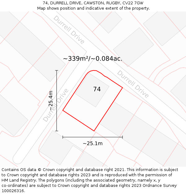 74, DURRELL DRIVE, CAWSTON, RUGBY, CV22 7GW: Plot and title map