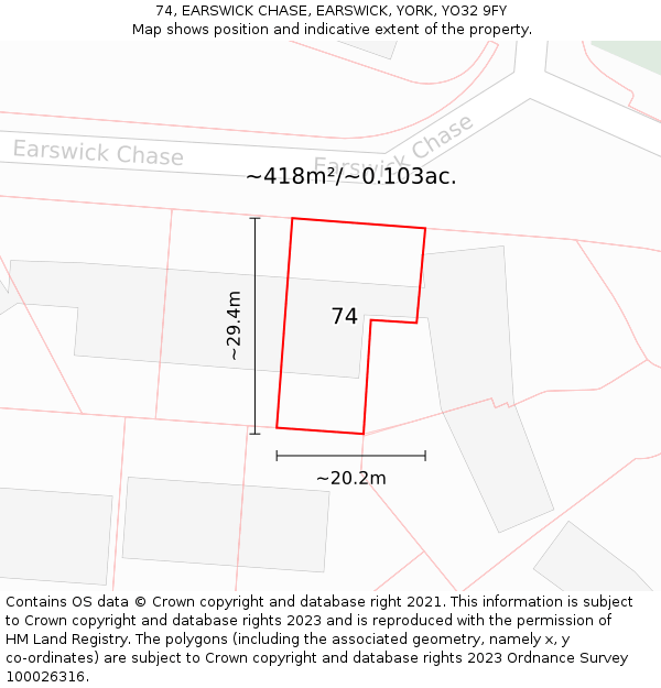 74, EARSWICK CHASE, EARSWICK, YORK, YO32 9FY: Plot and title map