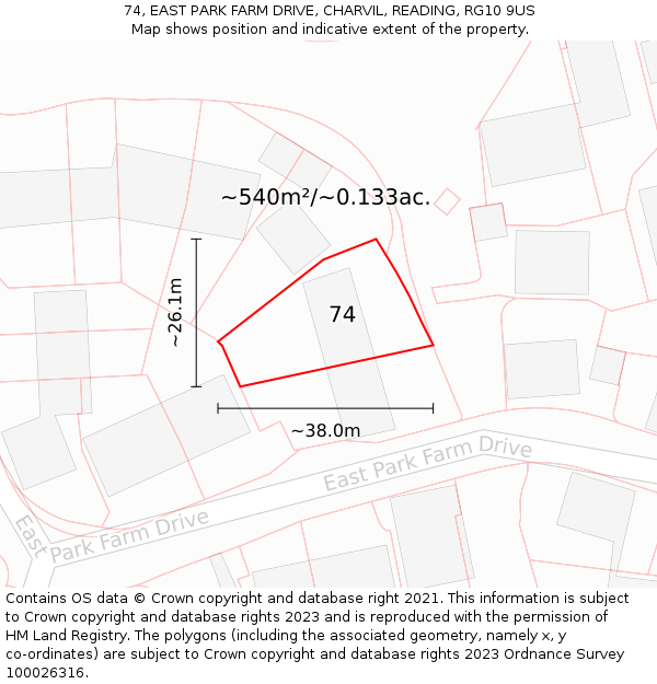74, EAST PARK FARM DRIVE, CHARVIL, READING, RG10 9US: Plot and title map