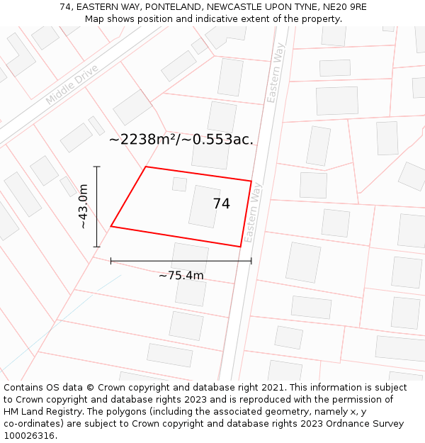 74, EASTERN WAY, PONTELAND, NEWCASTLE UPON TYNE, NE20 9RE: Plot and title map