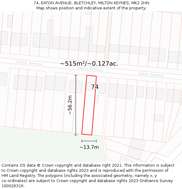 74, EATON AVENUE, BLETCHLEY, MILTON KEYNES, MK2 2HN: Plot and title map