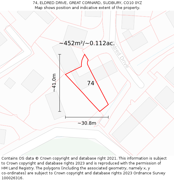 74, ELDRED DRIVE, GREAT CORNARD, SUDBURY, CO10 0YZ: Plot and title map