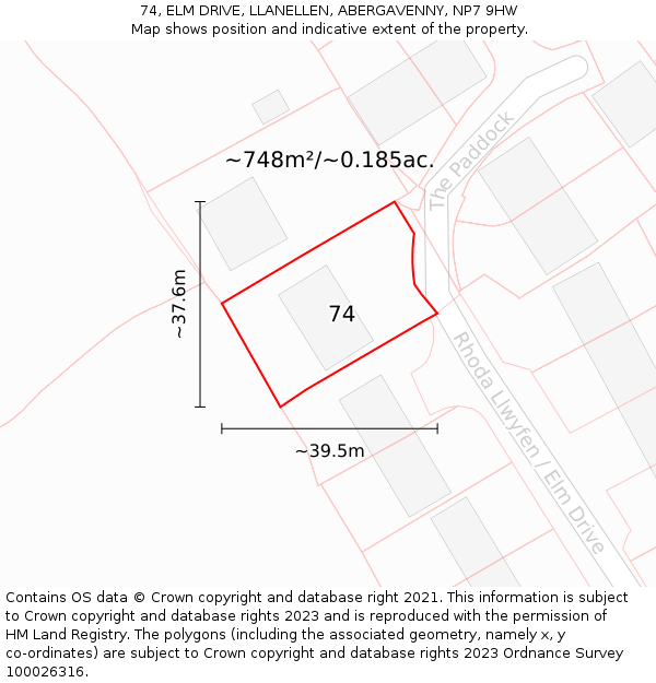 74, ELM DRIVE, LLANELLEN, ABERGAVENNY, NP7 9HW: Plot and title map