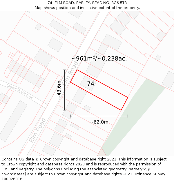 74, ELM ROAD, EARLEY, READING, RG6 5TR: Plot and title map