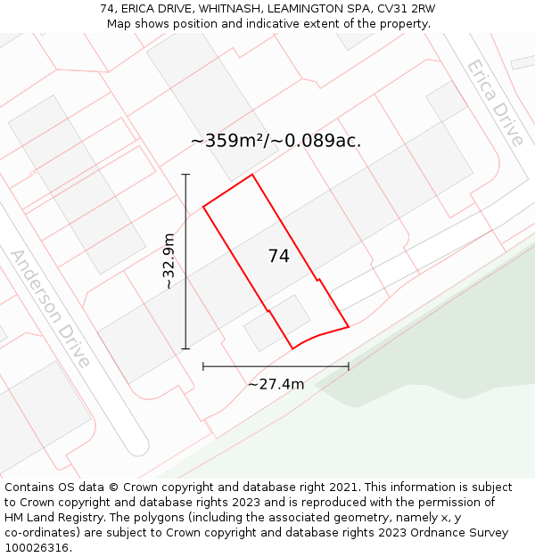 74, ERICA DRIVE, WHITNASH, LEAMINGTON SPA, CV31 2RW: Plot and title map