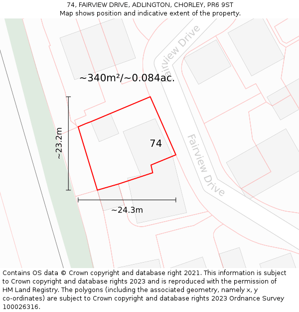 74, FAIRVIEW DRIVE, ADLINGTON, CHORLEY, PR6 9ST: Plot and title map
