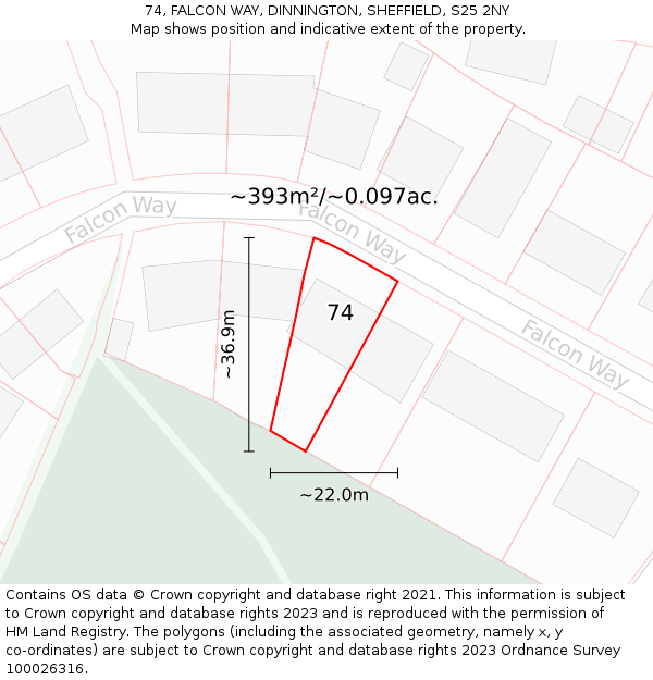 74, FALCON WAY, DINNINGTON, SHEFFIELD, S25 2NY: Plot and title map