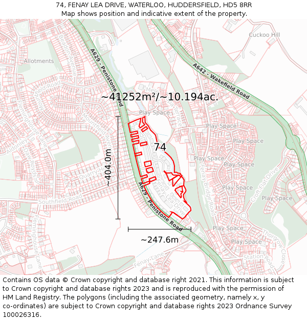 74, FENAY LEA DRIVE, WATERLOO, HUDDERSFIELD, HD5 8RR: Plot and title map