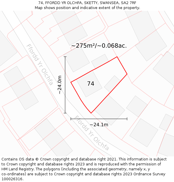 74, FFORDD YR OLCHFA, SKETTY, SWANSEA, SA2 7RF: Plot and title map
