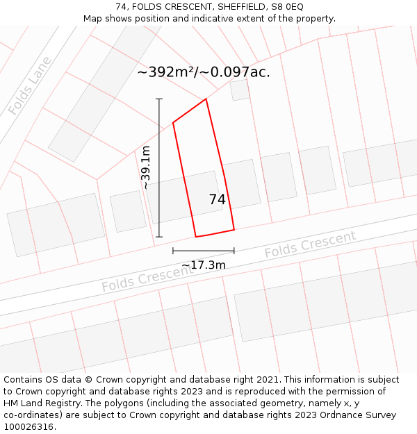 74, FOLDS CRESCENT, SHEFFIELD, S8 0EQ: Plot and title map