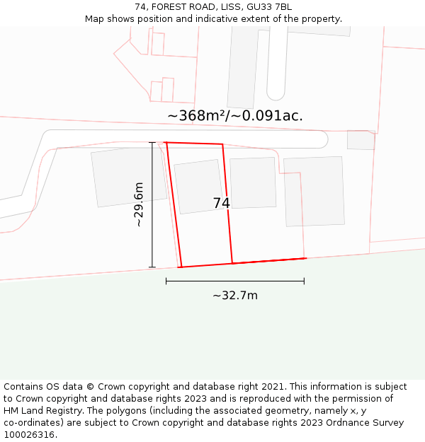 74, FOREST ROAD, LISS, GU33 7BL: Plot and title map