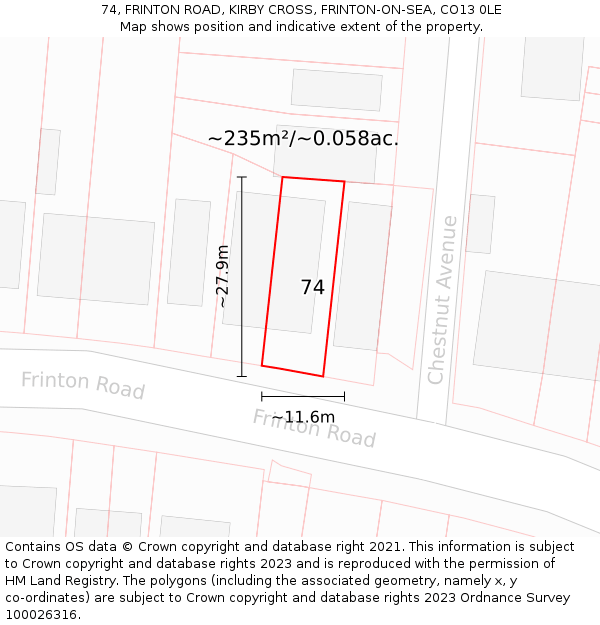 74, FRINTON ROAD, KIRBY CROSS, FRINTON-ON-SEA, CO13 0LE: Plot and title map