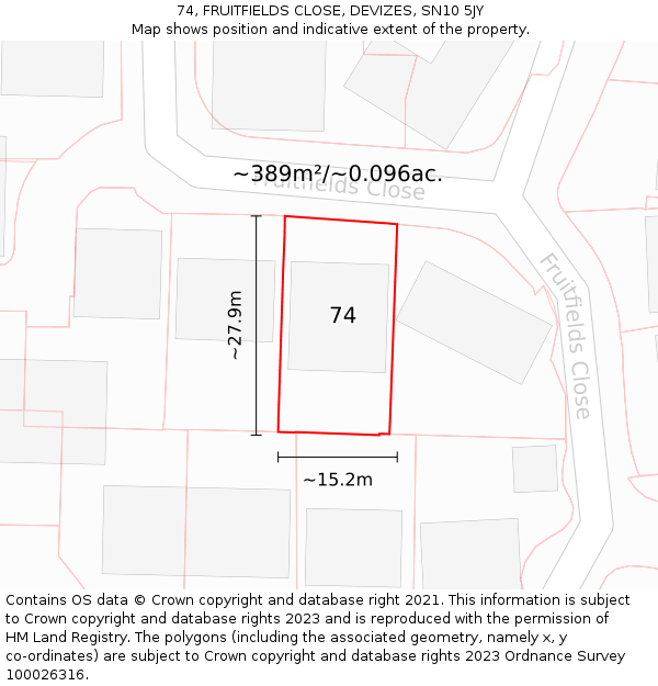 74, FRUITFIELDS CLOSE, DEVIZES, SN10 5JY: Plot and title map