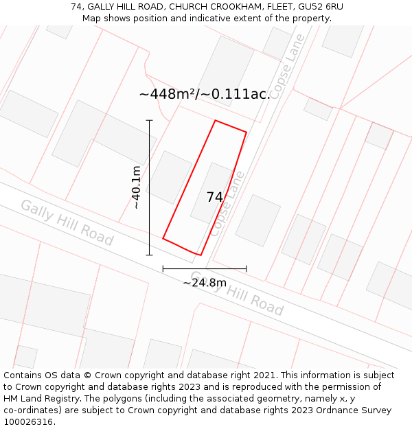 74, GALLY HILL ROAD, CHURCH CROOKHAM, FLEET, GU52 6RU: Plot and title map