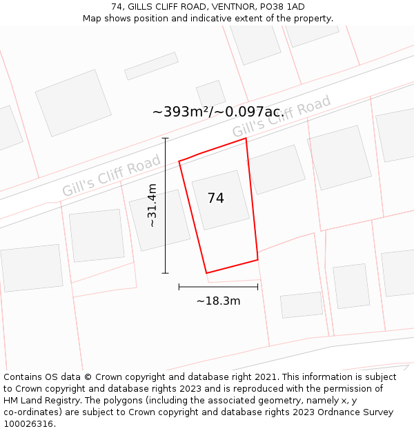 74, GILLS CLIFF ROAD, VENTNOR, PO38 1AD: Plot and title map