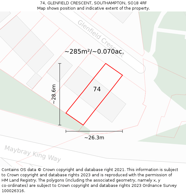 74, GLENFIELD CRESCENT, SOUTHAMPTON, SO18 4RF: Plot and title map
