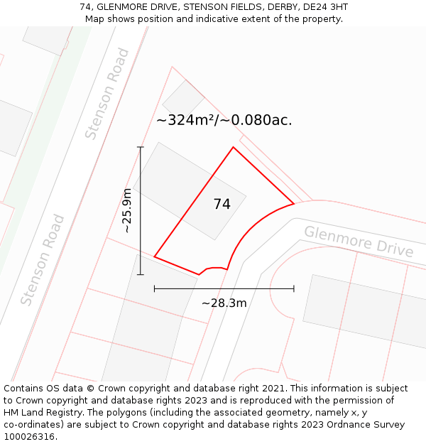 74, GLENMORE DRIVE, STENSON FIELDS, DERBY, DE24 3HT: Plot and title map