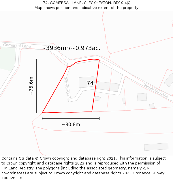 74, GOMERSAL LANE, CLECKHEATON, BD19 4JQ: Plot and title map