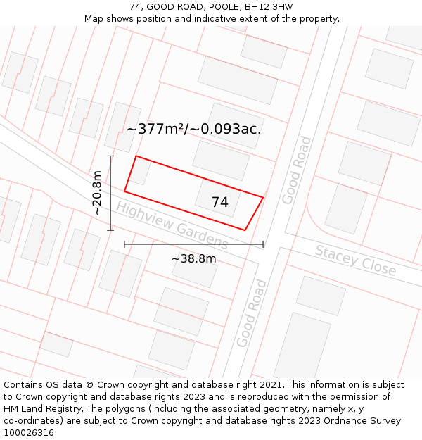 74, GOOD ROAD, POOLE, BH12 3HW: Plot and title map
