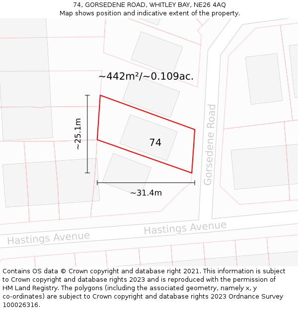 74, GORSEDENE ROAD, WHITLEY BAY, NE26 4AQ: Plot and title map