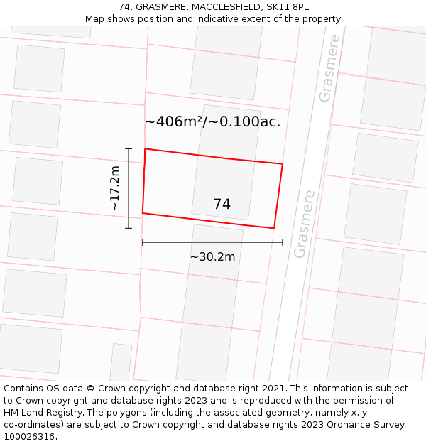 74, GRASMERE, MACCLESFIELD, SK11 8PL: Plot and title map